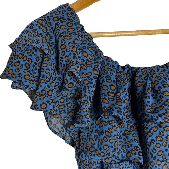 See The Shades Blue Leopard Print Boatneck Chiffon Mini A Line Dress Medium M - Picture 6 of 16